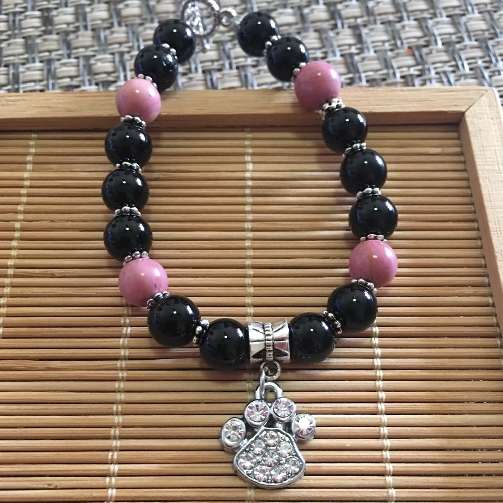 Handmade black onyx dog paw bracelet
